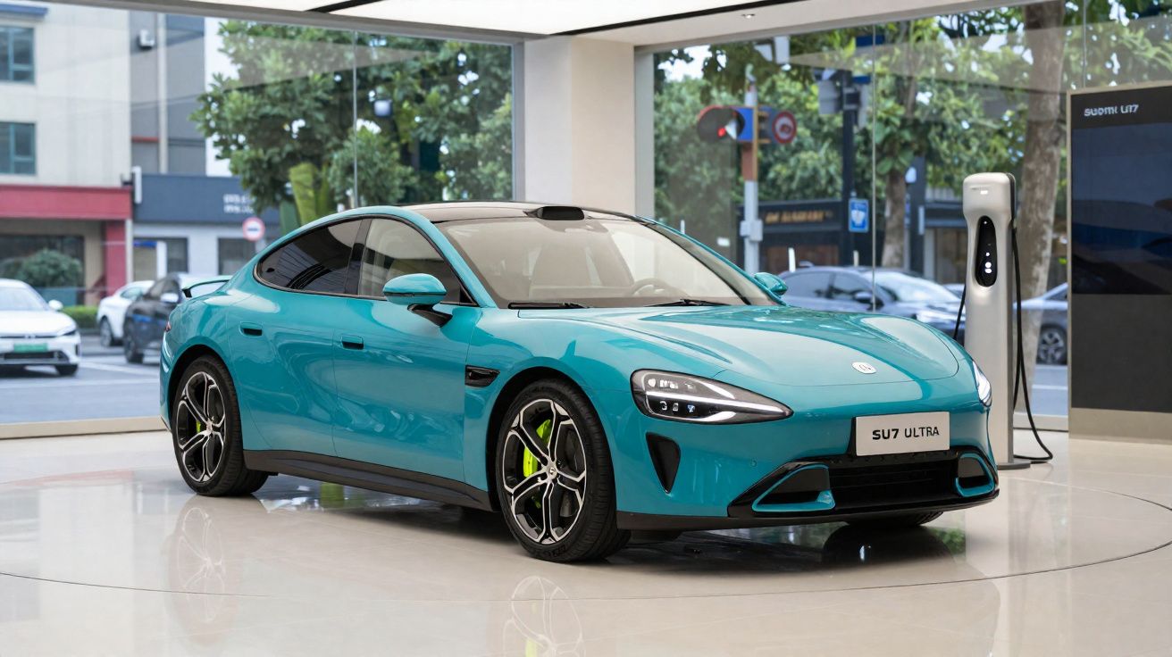 Carro elétrico azul brilhante modelo SU7 Ultra exposto em showroom moderno com carregador ao lado.