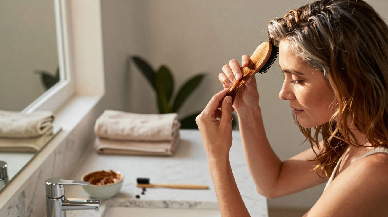 Mulher penteia cabelo molhado em casa, junto a lavatório com espelho e toalhas.