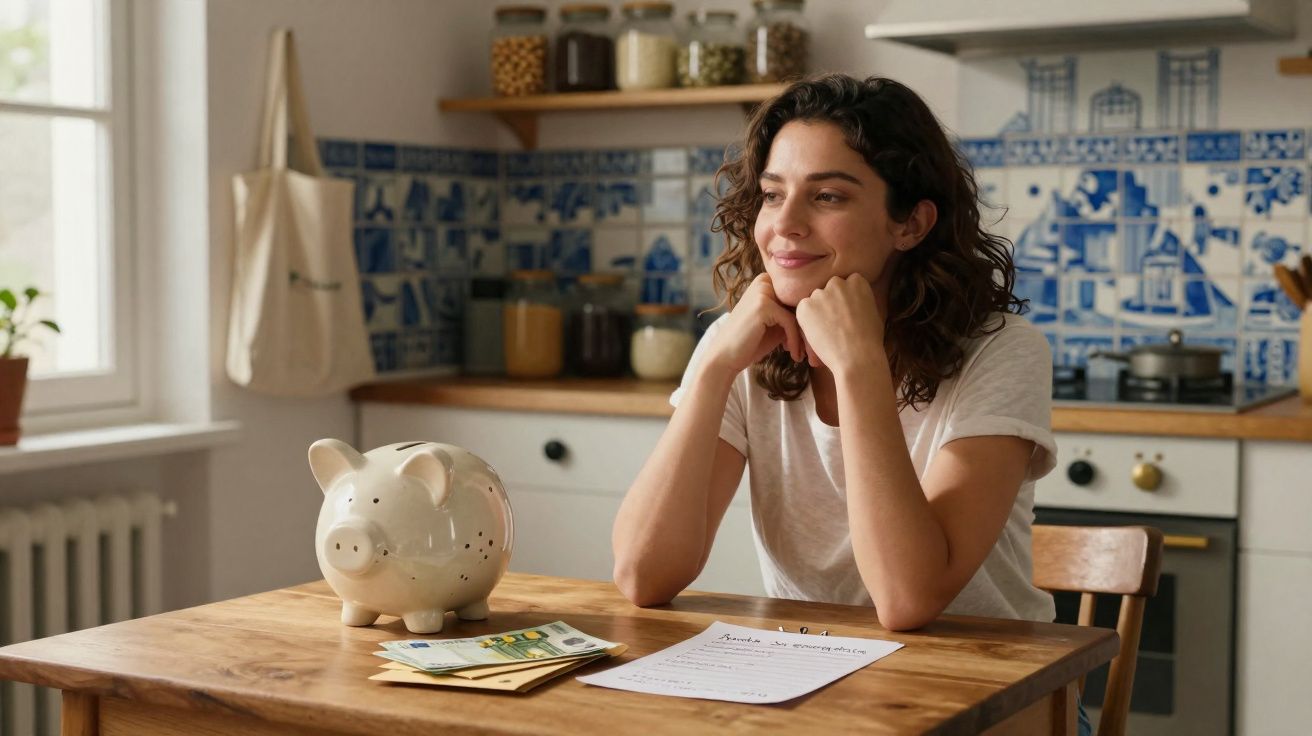 Mulher sorridente sentada à mesa com porquinho mealheiro, dinheiro e documentos numa cozinha iluminada.
