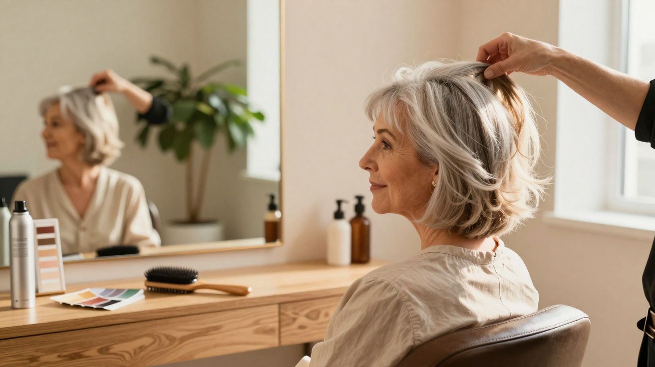 Mulher de meia-idade com cabelo grisalho a ser penteada num salão de beleza moderno e acolhedor.