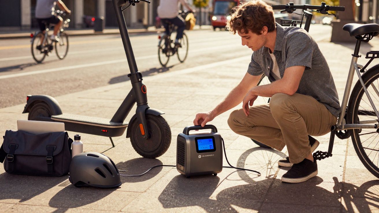 Homem carrega scooter elétrica com gerador portátil numa rua movimentada.