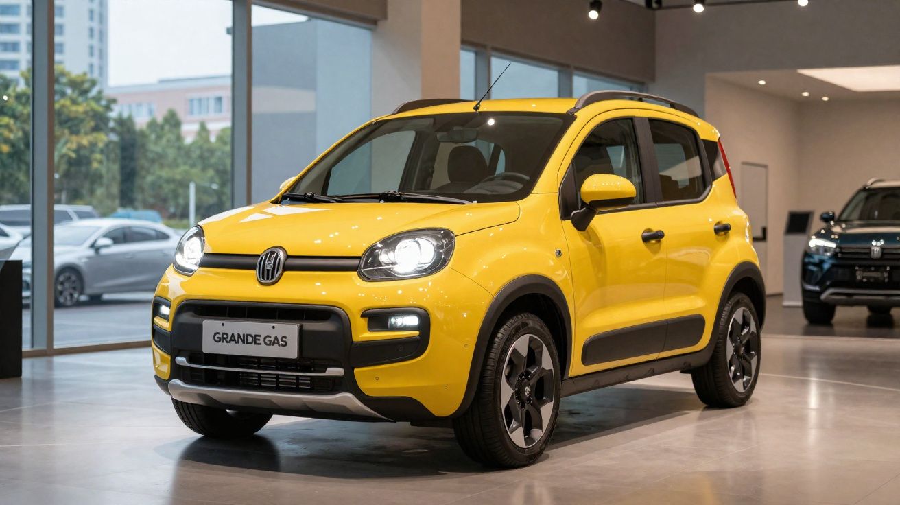Carro citadino amarelo com faróis ligados em exposição dentro de concessionária moderna.
