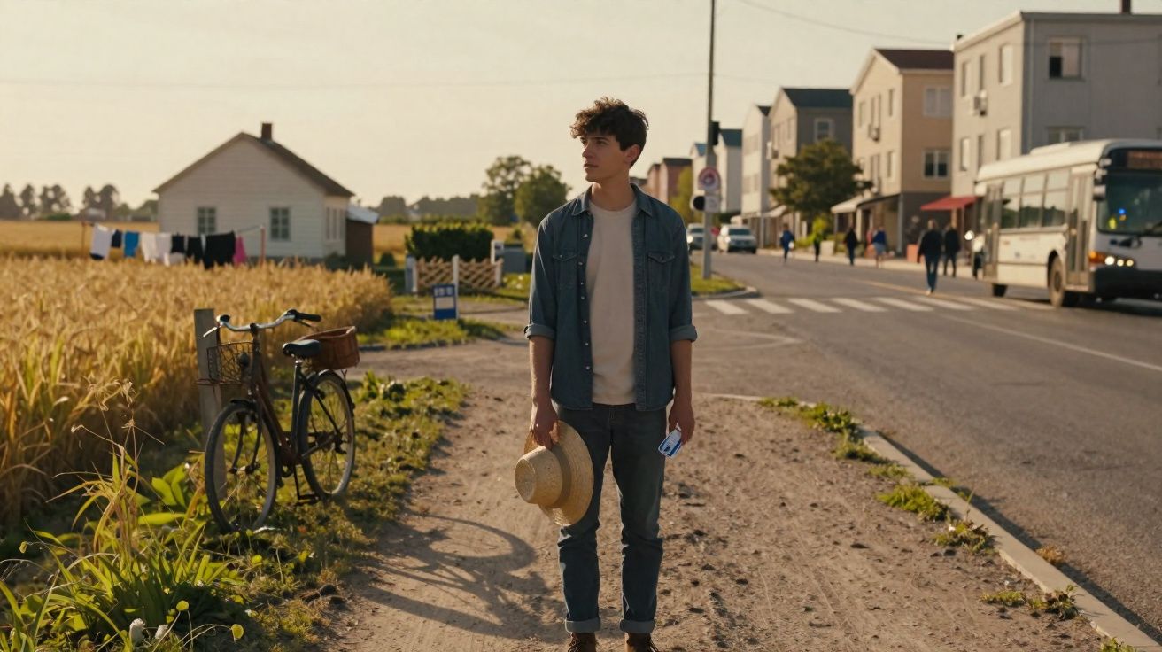Jovem de pé junto a campo de trigo com chapéu na mão, bicicleta encostada e casas ao fundo numa zona suburbana.