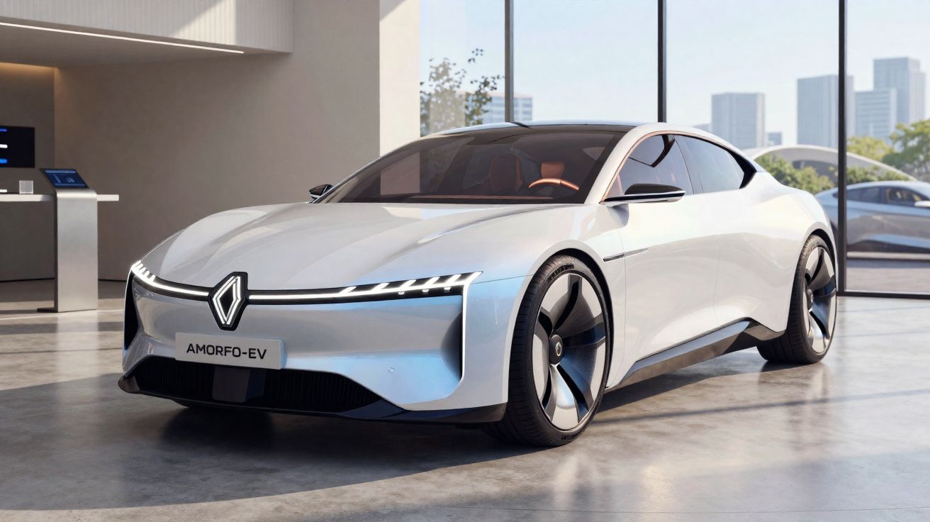 Carro elétrico moderno branco com design aerodinâmico e faróis LED, estacionado em salão com janelas grandes.