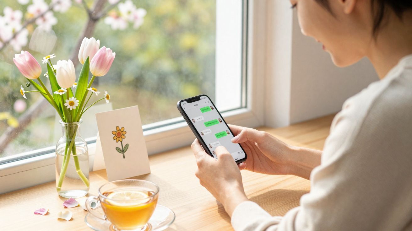 Pessoa sentada junto a uma janela, segurando um telemóvel com mensagens, perto de flores e chá.