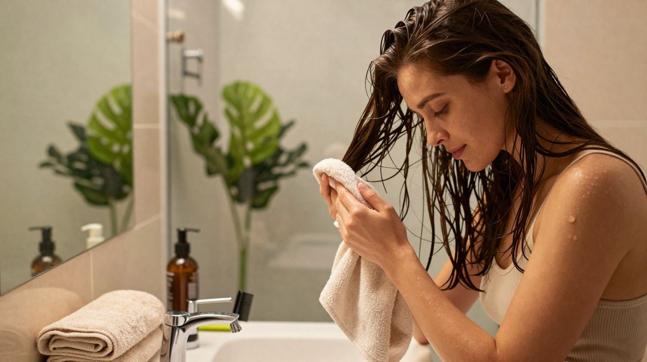 Mulher seca o cabelo com toalha junto à pia numa casa de banho moderna e bem iluminada.
