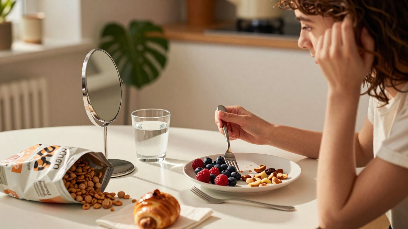 Mulher a comer frutos vermelhos e frutos secos numa mesa com croissant, copo de água e espelho.