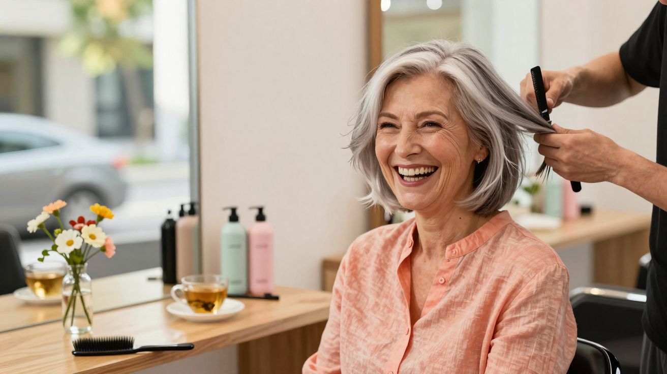 Mulher idosa sorridente a fazer penteado num salão de cabeleireiro com cabelo grisalho.