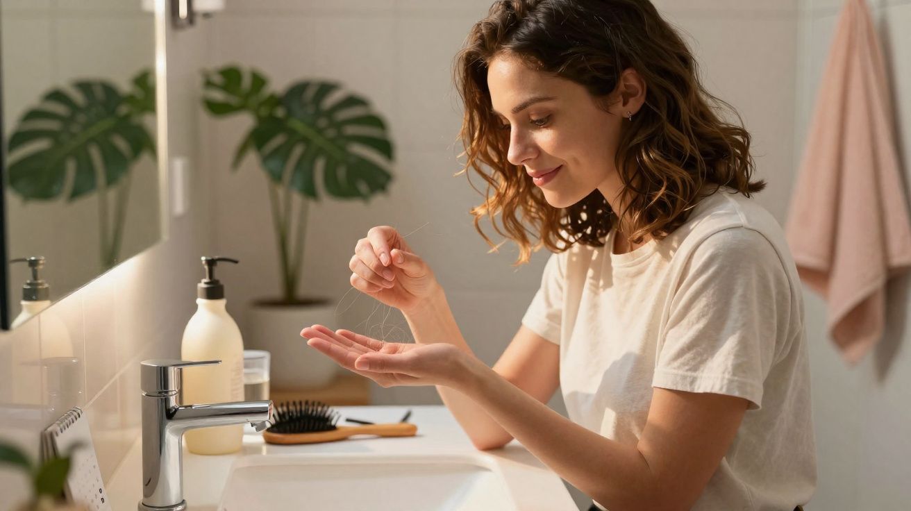 Mulher sentada junto a lavatório, a observar fios de cabelo na mão, com sorriso suave.
