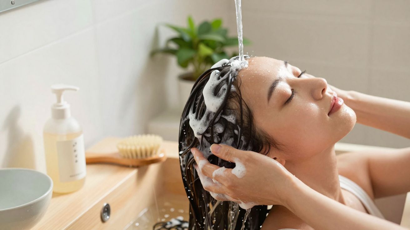 Mulher a lavar o cabelo com espuma sob água numa casa de banho clara e organizada.