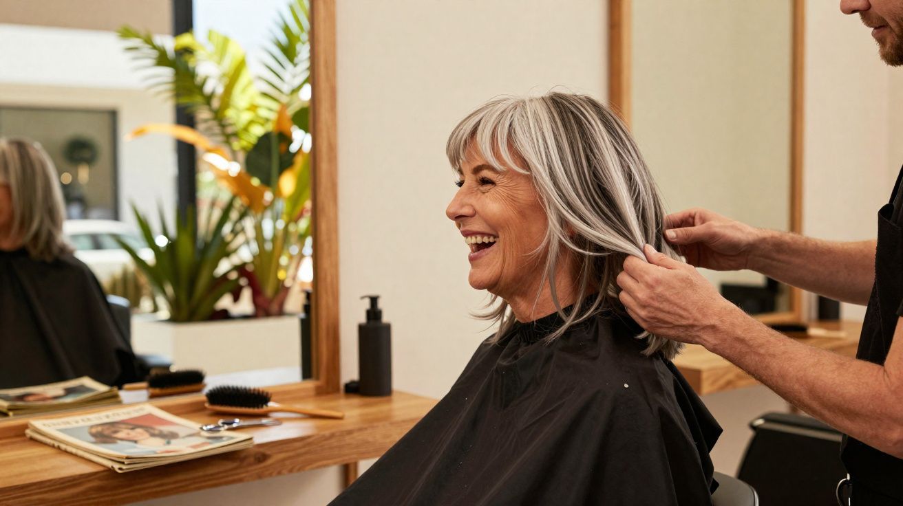Mulher sorridente a receber corte de cabelo num salão moderno com espelho e plantas ao fundo.