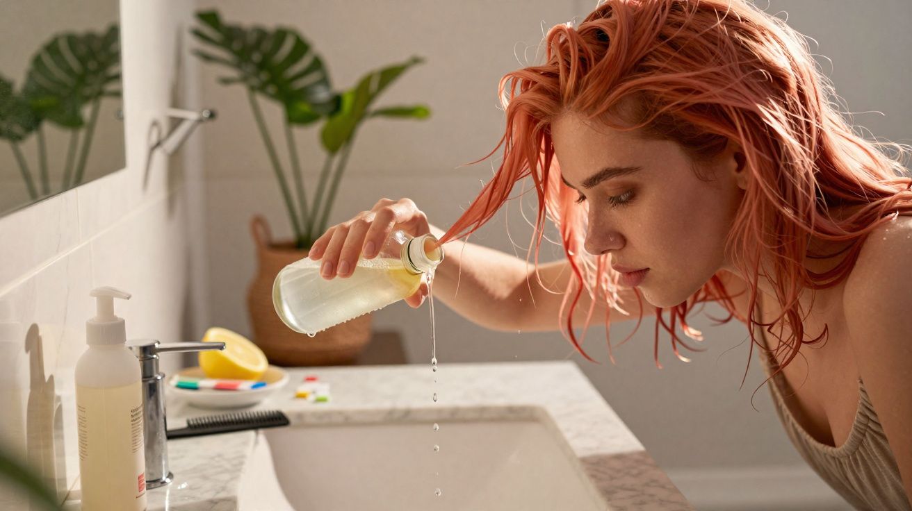 Mulher com cabelo molhado aplica óleo capilar junto a lavatório num ambiente iluminado e plantas ao fundo.
