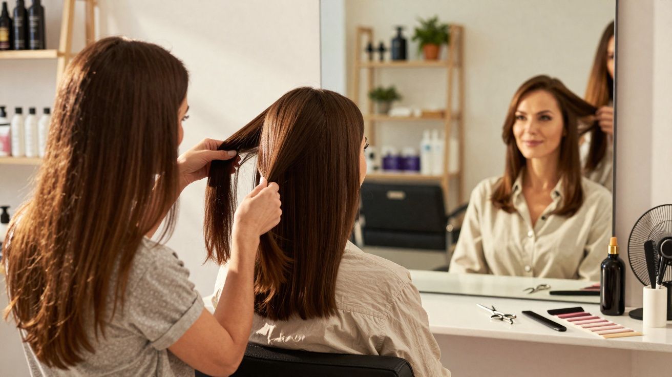 Cabeleireira penteando cabelo de mulher sentada em cadeira de salão junto a espelho grande.