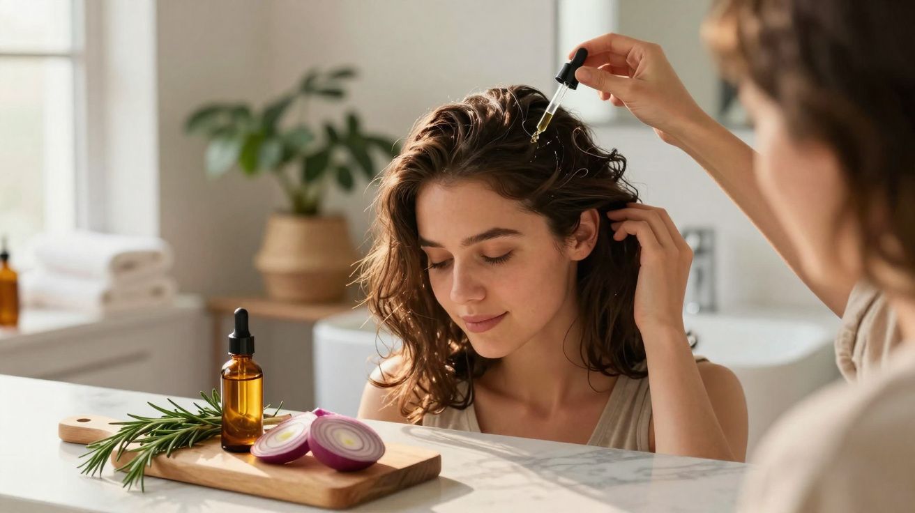 Mulher aplica óleo capilar com conta-gotas, ao lado de cebola e alecrim numa tábua de madeira.
