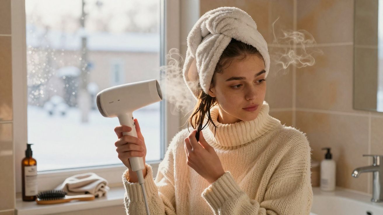 Mulher com toalha na cabeça a secar o cabelo com secador numa casa de banho iluminada.