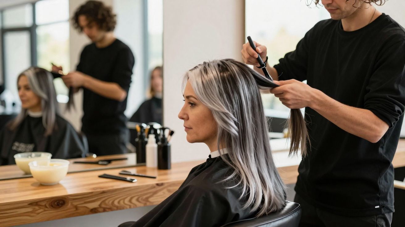 Cabeleireiro profissional a pentear cabelo grisalho longo de mulher num salão com espelho.