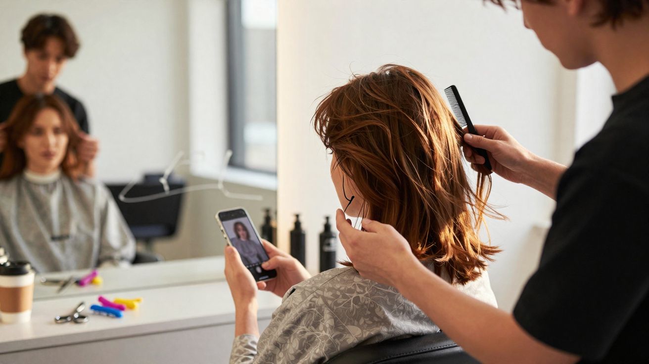 Pessoa sentada num cabeleireiro a mostrar imagem no telemóvel enquanto cabelo é penteado.