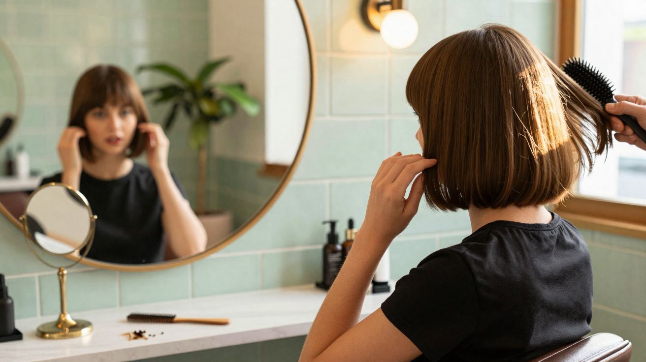 Mulher com cabelo curto sentada à frente de espelho, a ser penteada num salão de cabeleireiro.