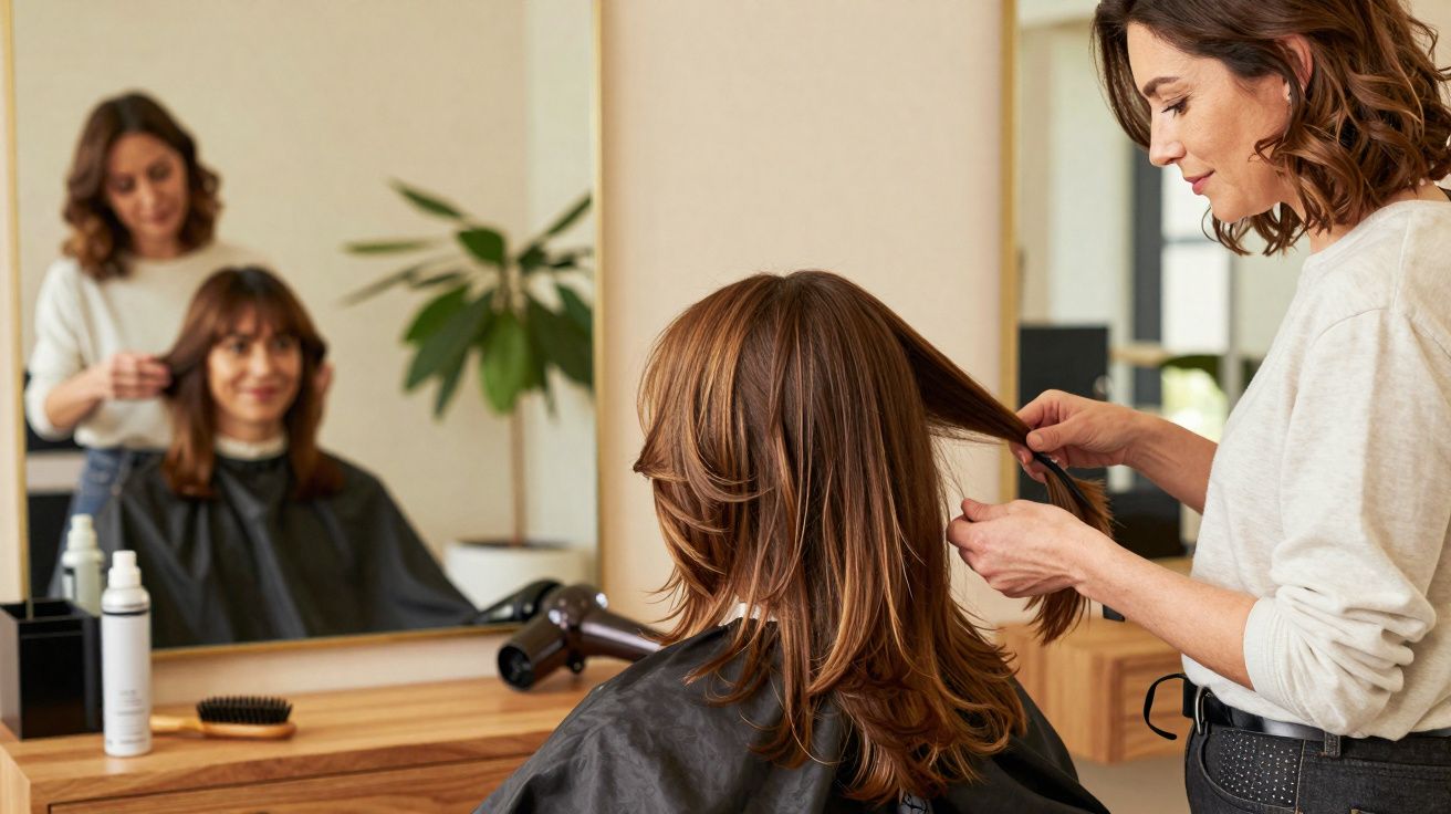 Cabeleireira a secar e arranjar cabelo de cliente sentada numa cadeira num salão de beleza.