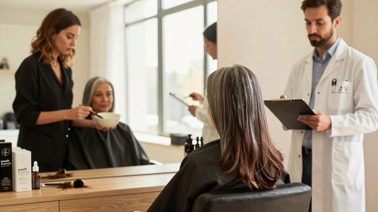 Mulher de cabelos grisalhos sentada num salão de cabeleireiro com duas pessoas a aplicar tratamento capilar.