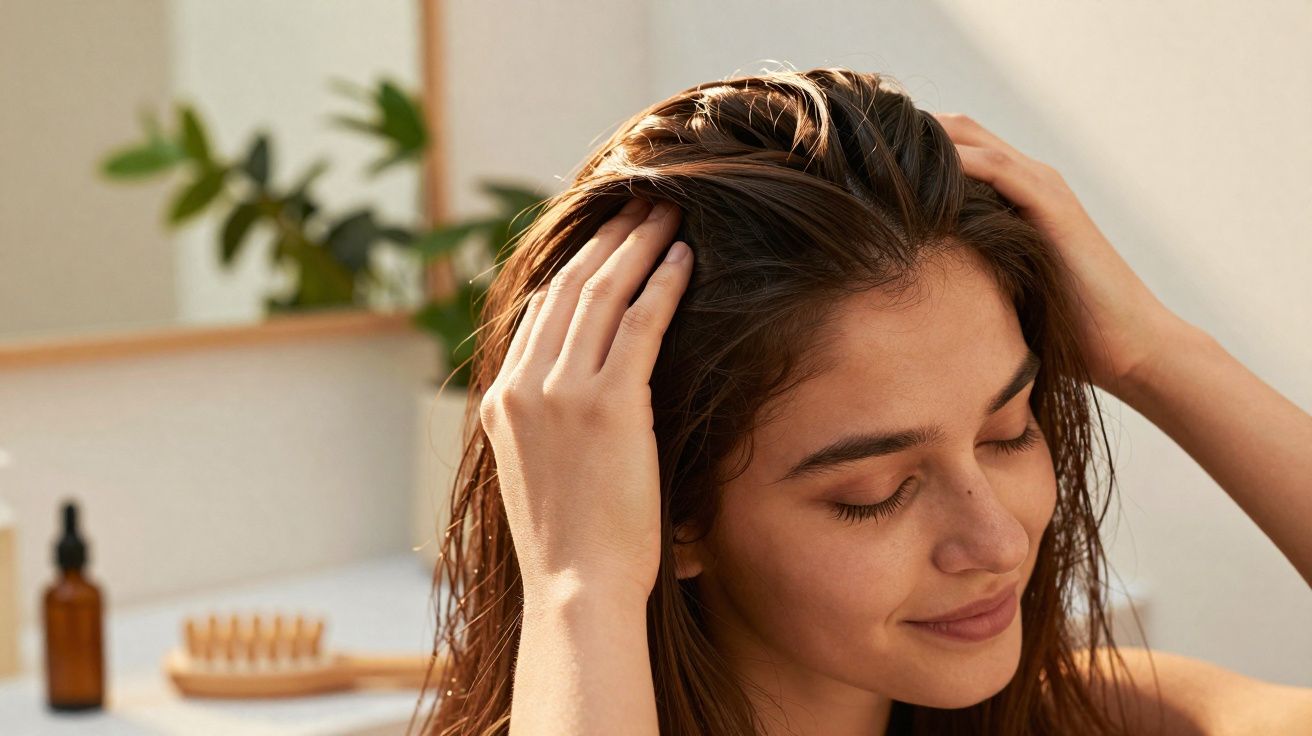Mulher com cabelo molhado a passar as mãos pelo couro cabeludo, com expressão serena e ambiente interior desfocado.