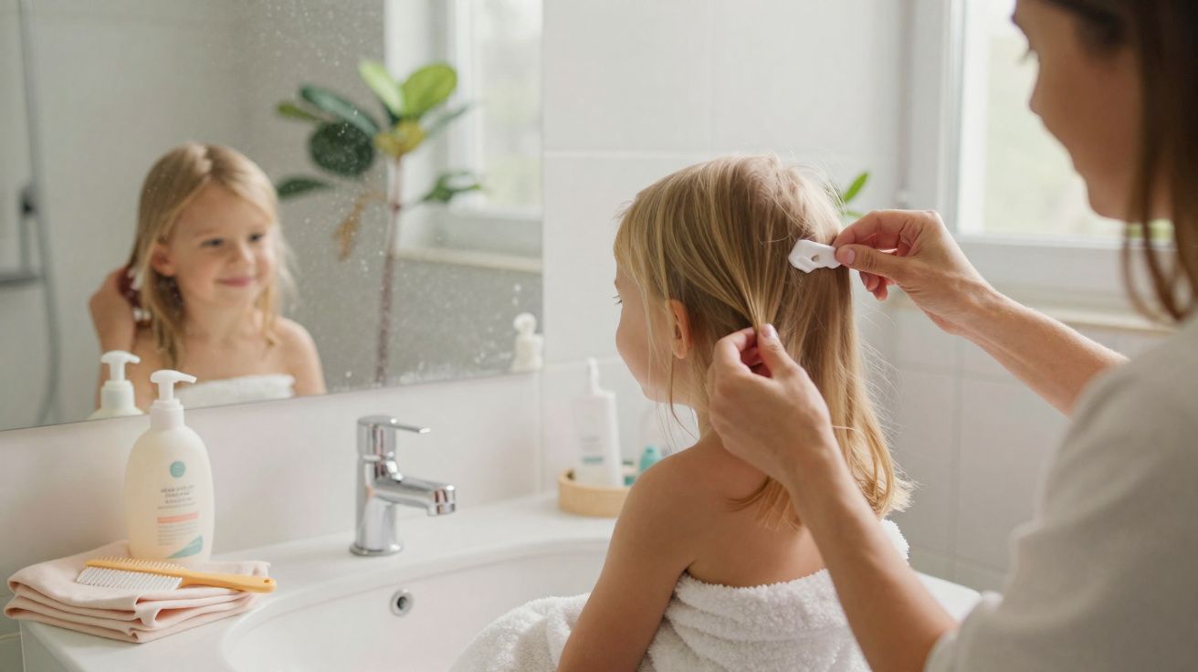 Criança com toalha depois do banho a ser penteada por adulto numa casa de banho luminosa.