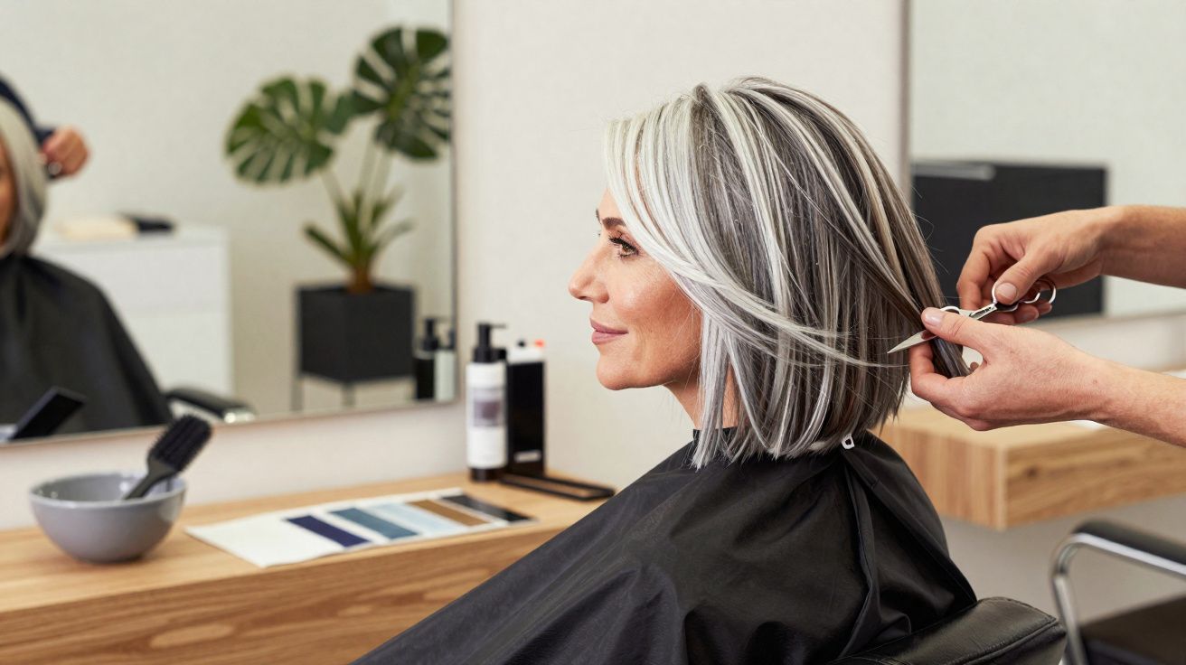 Mulher com cabelo grisalho curto sendo cortado por cabeleireiro num salão moderno e luminoso.