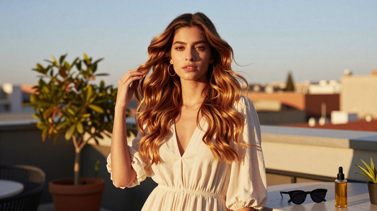 Mulher loira com vestido creme, cabelo ondulado, num terraço ao pôr do sol com plantas e acessórios na mesa.