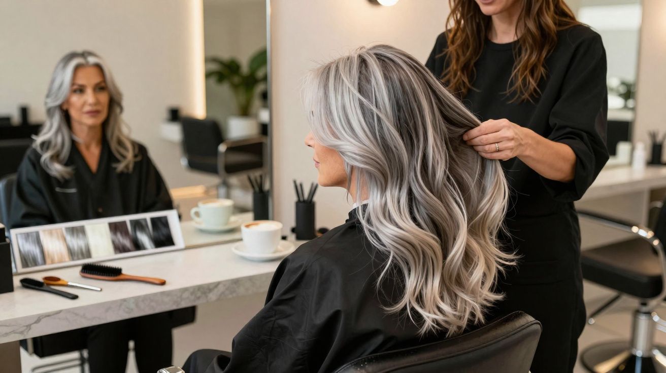 Mulher com cabelo grisalho ondulado a ser penteada por cabeleireira num salão moderno.