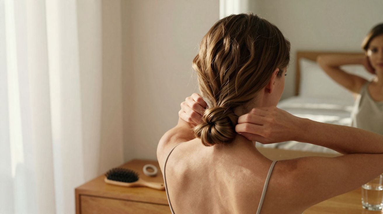 Mulher de costas ajeita o cabelo apanhado em coque, refletida no espelho de um quarto iluminado.