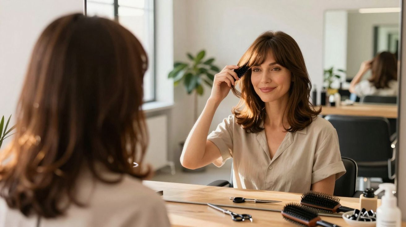 Mulher sorridente penteia o cabelo sentada diante de um espelho num salão de beleza.