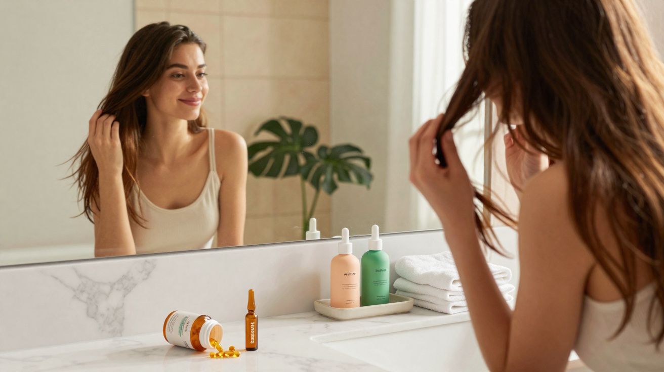 Mulher sorridente a olhar-se ao espelho na casa de banho com produtos de cuidado pessoal na bancada.