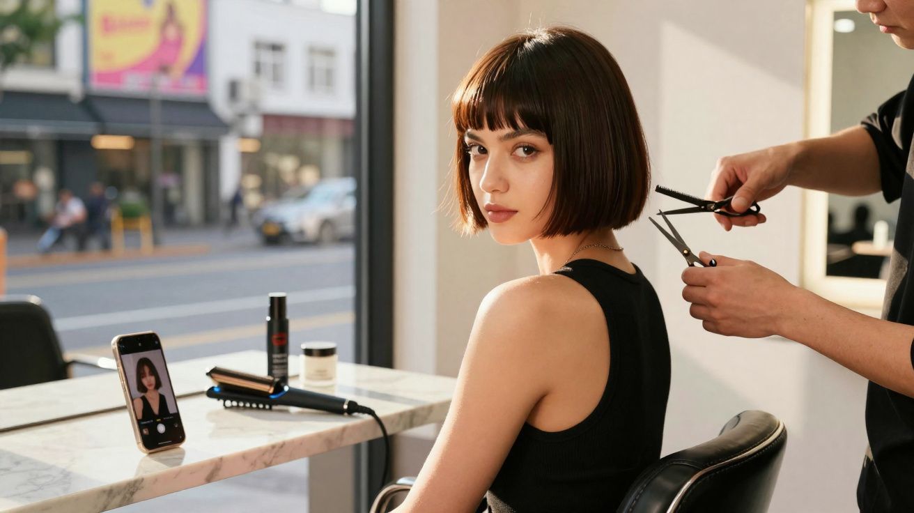 Jovem com cabelo curto castanho escuro sentada num salão de cabeleireiro a ser cortada.