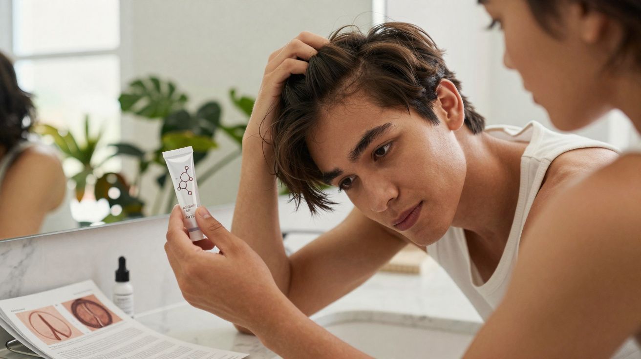 Homem consulta embalagem de creme no banheiro, olhando para o espelho com a mão no cabelo.