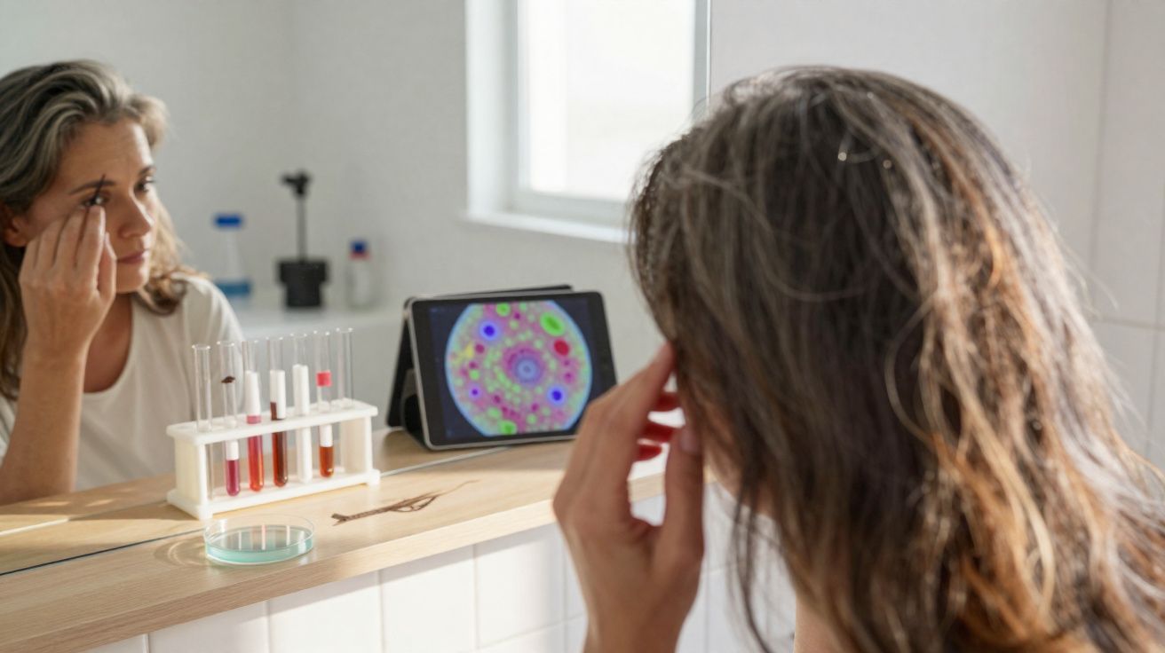 Mulher a olhar para o espelho com tubos de ensaio e imagem microscópica numa tablet sobre a bancada.