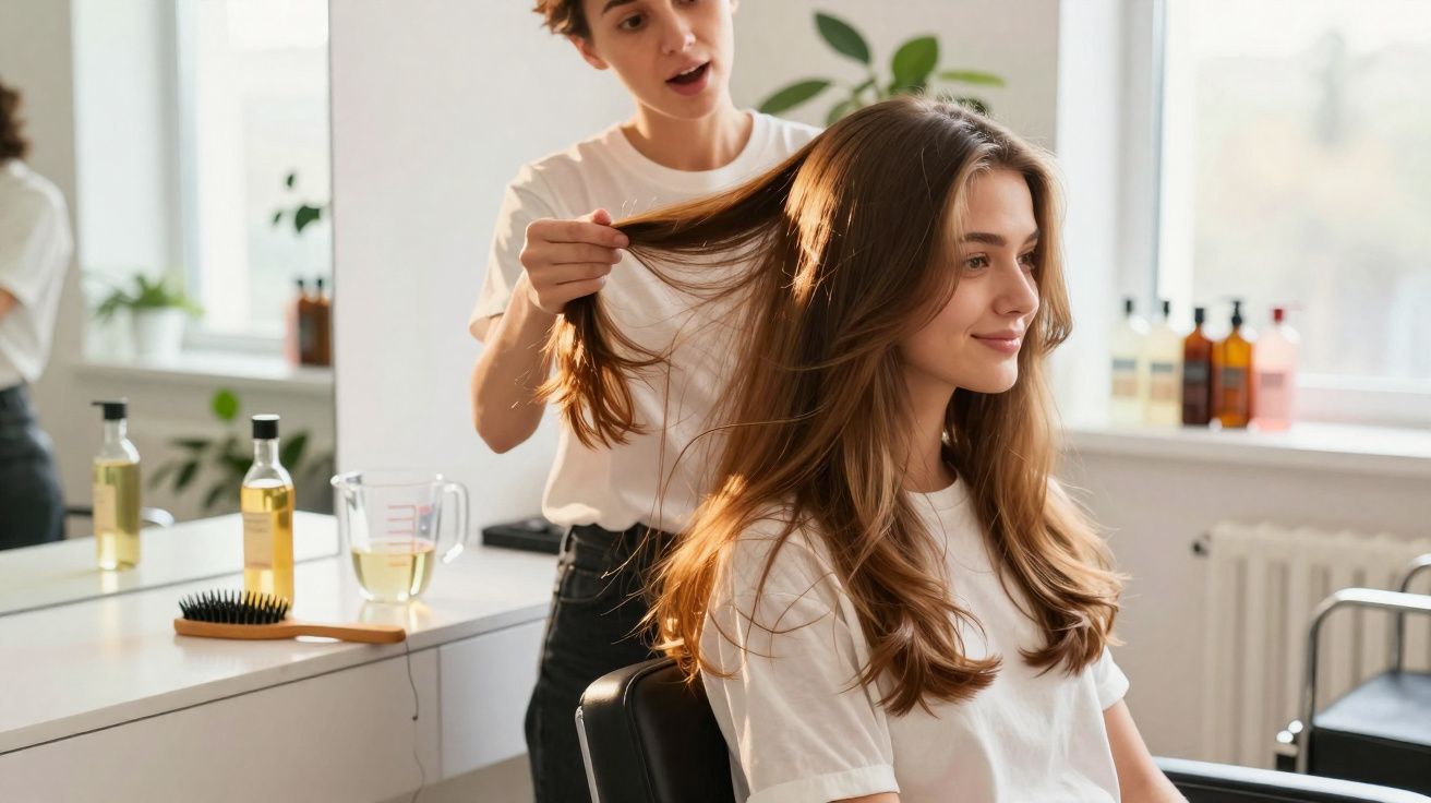 Cabeleireira arruma o cabelo de uma mulher sentada numa cadeira de salão iluminado por luz natural.