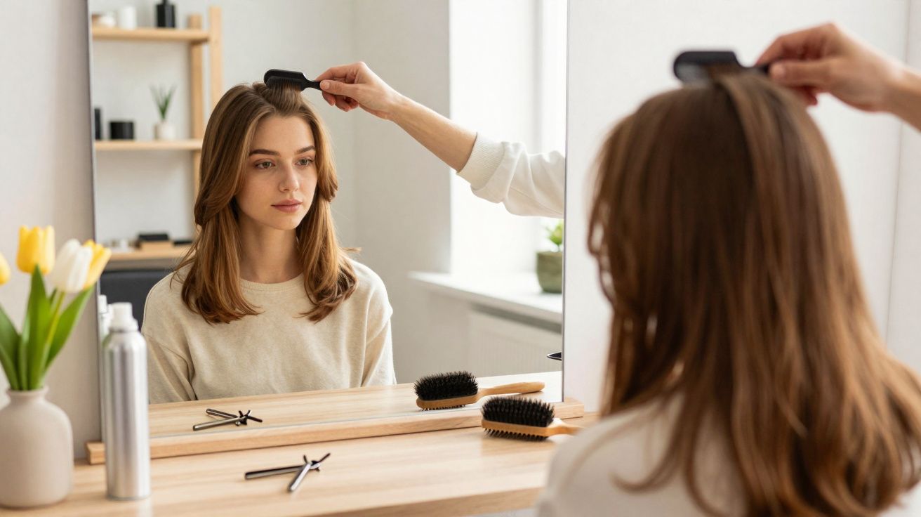 Mulher penteia o cabelo olhando para o espelho numa mesa com escovas e flores.