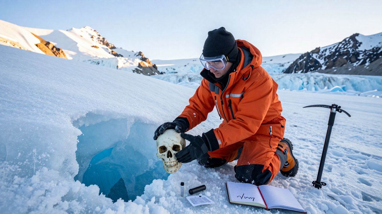Explorador em fato laranja retira crânio do gelo numa paisagem gelada com montanhas ao fundo.