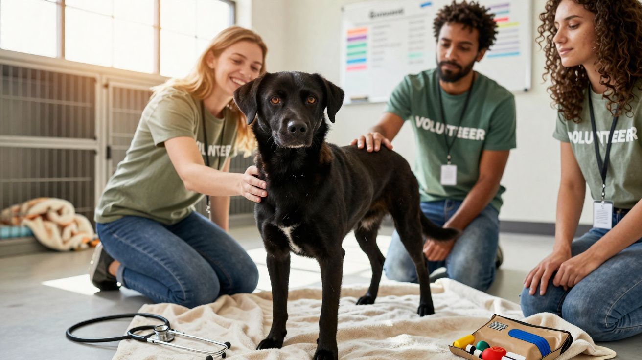 Voluntários com camisolas verdes acariciam um cão preto num abrigo de animais com equipamento veterinário.