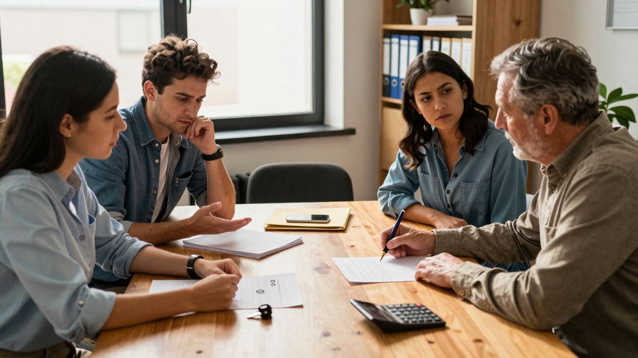Quatro pessoas em reunião numa mesa de madeira com documentos, calculadora e blocos de notas.
