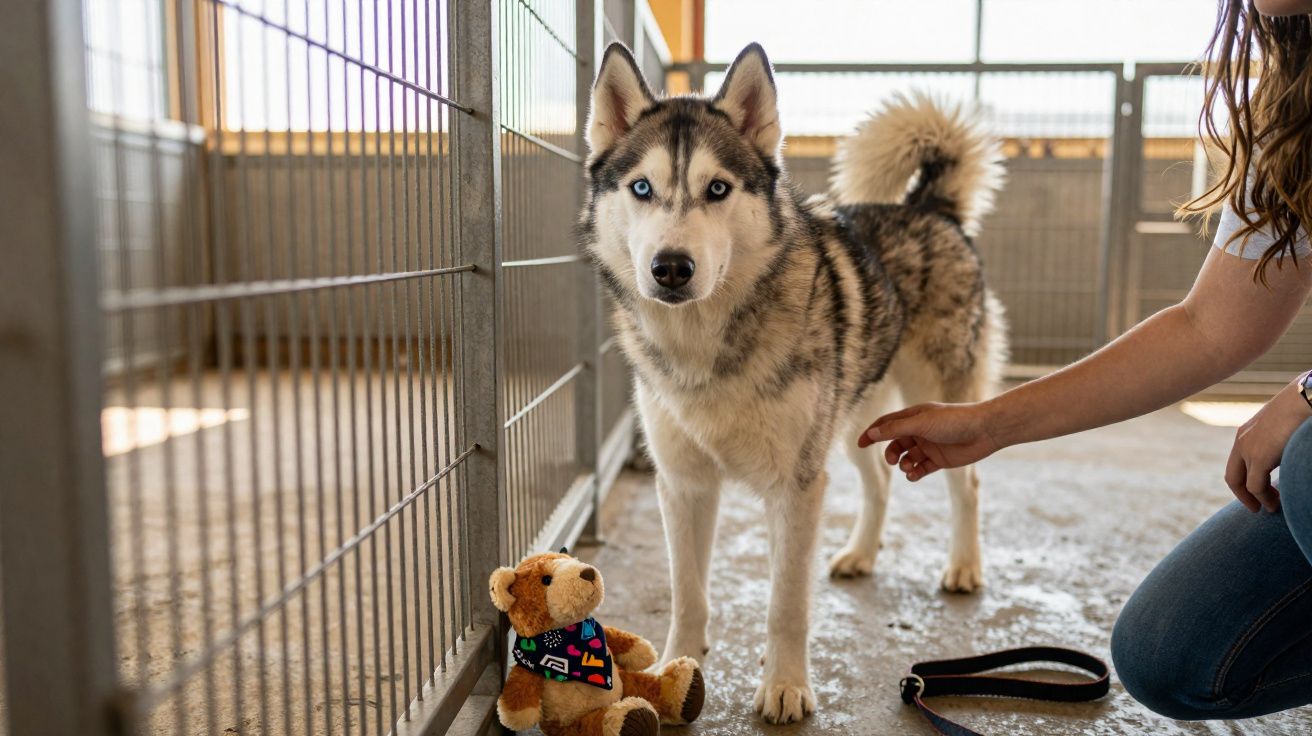 Cão husky cinzento com olhos azuis num canil, com uma pessoa a apontar e um brinquedo de peluche no chão.