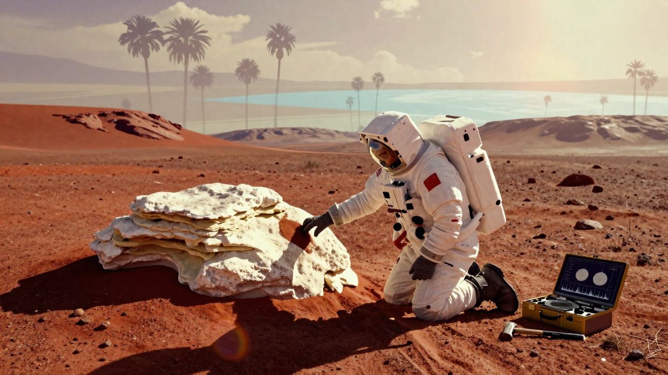 Astronauta em fato espacial analisa rochas numa paisagem árida com palmeiras ao fundo e equipamento aberto no chão.