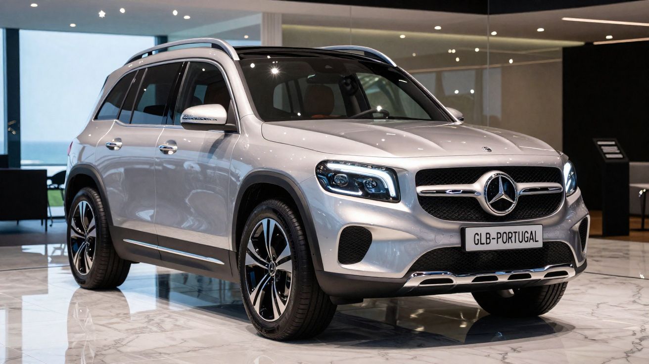 Mercedes-Benz GLB prata estacionado em interior moderno com pavimento de mármore.