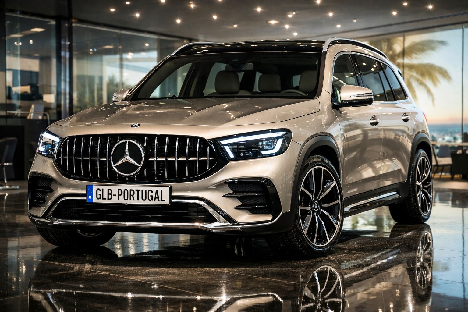 SUV Mercedes-Benz GLB prata estacionado em interior com luz natural refletida no chão brilhante