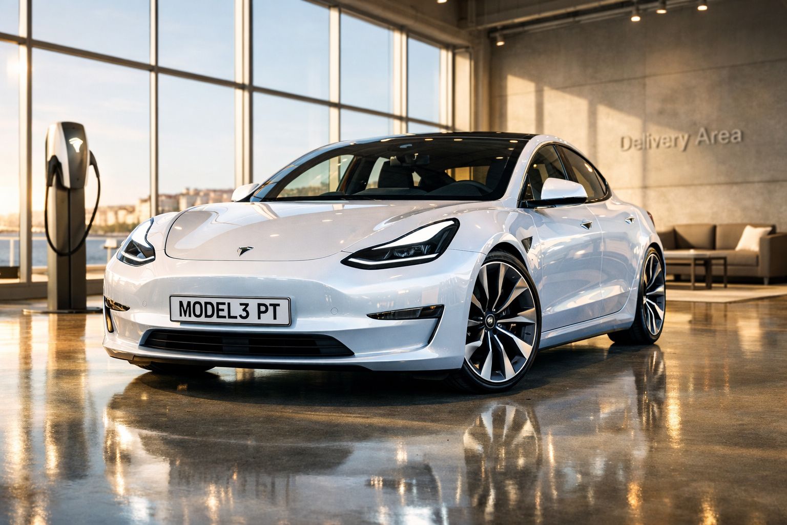 Carro elétrico Tesla Model 3 branco em espaço interior moderno com grande janela e estação de carregamento.