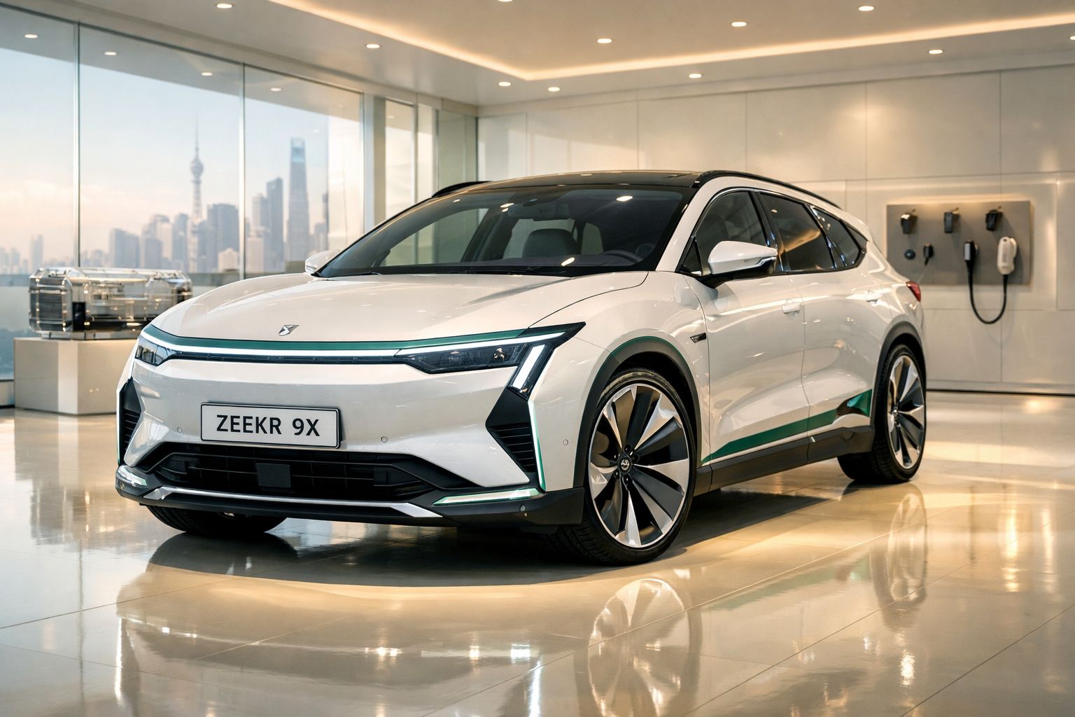 Carro elétrico branco Zeekr 9X estacionado em showroom moderno com grande janela e carregadores na parede.