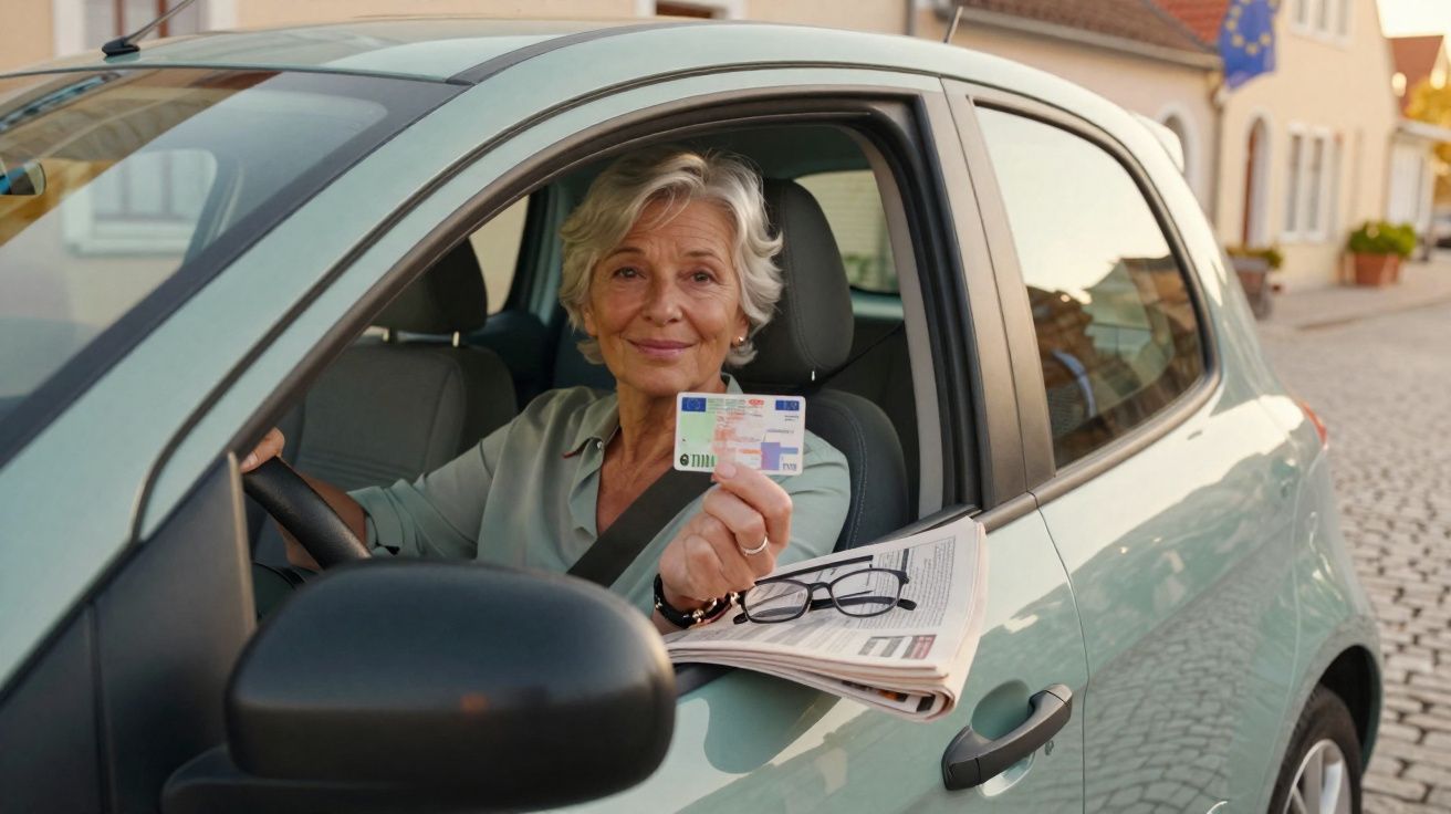 Mulher sénior sorridente ao volante do carro mostra carta de condução e jornal na rua.