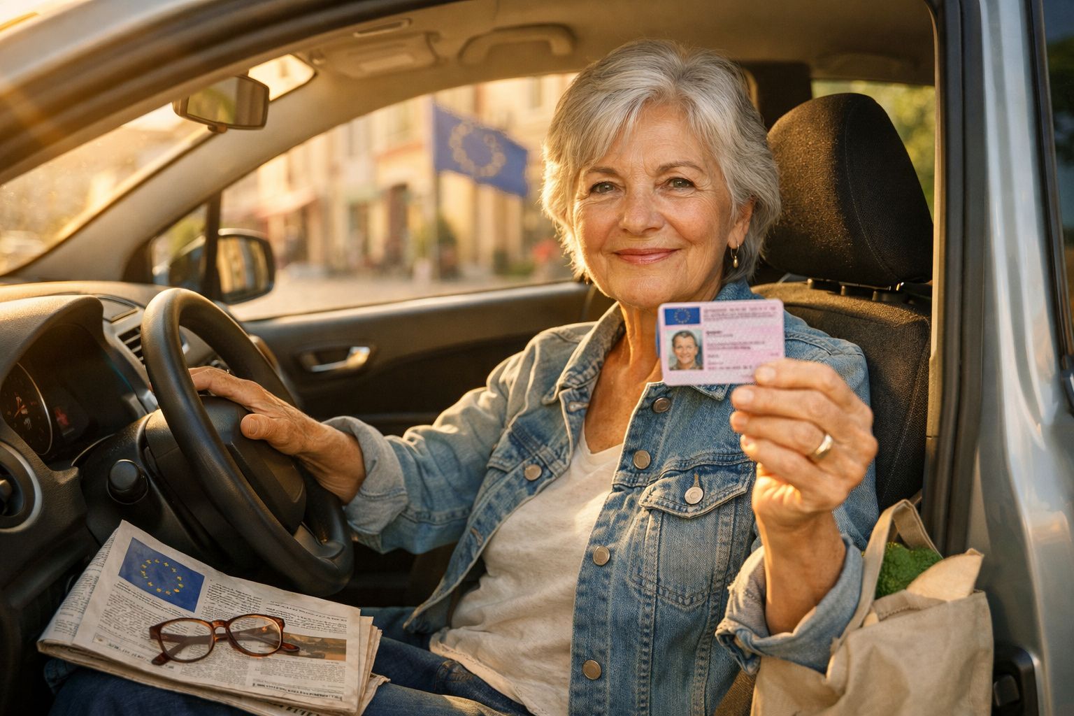 Mulher sénior sorridente sentada no carro a mostrar a carta de condução europeia.