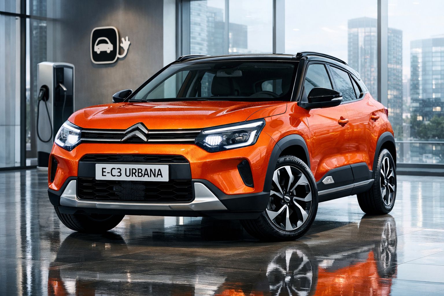 Carro elétrico Citroën E-C3 Urbana laranja estacionado em espaço interno moderno com carregador elétrico.