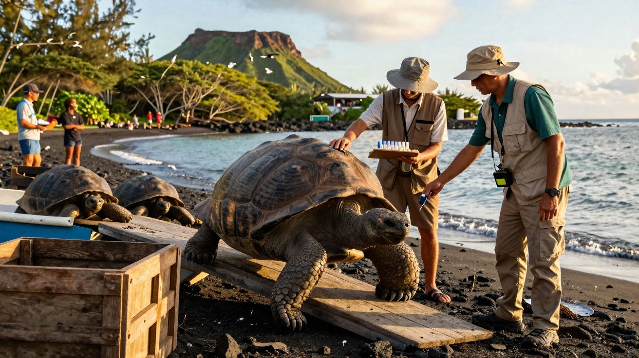 Dois homens a examinar uma tartaruga gigante numa praia vulcânica com montanha ao fundo ao pôr do sol.